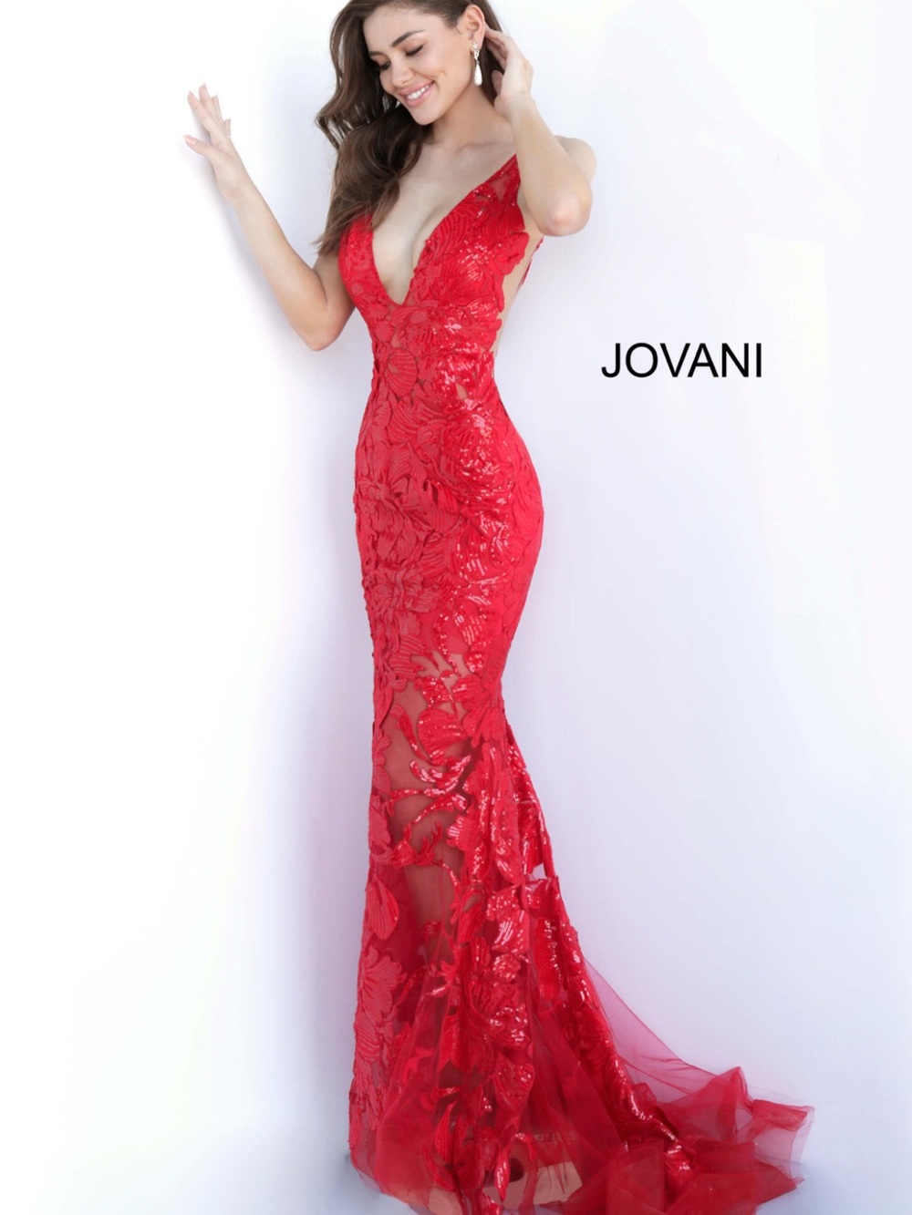Jovani 60283 Red Sequin Lace Plunging Mermaid Gown